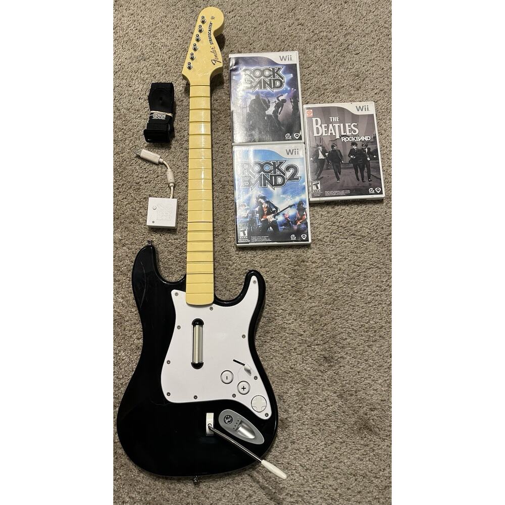 Nintendo Wii Rock Band Guitar w Dongle Strap 1 2 Games RockBand Beatles Tested